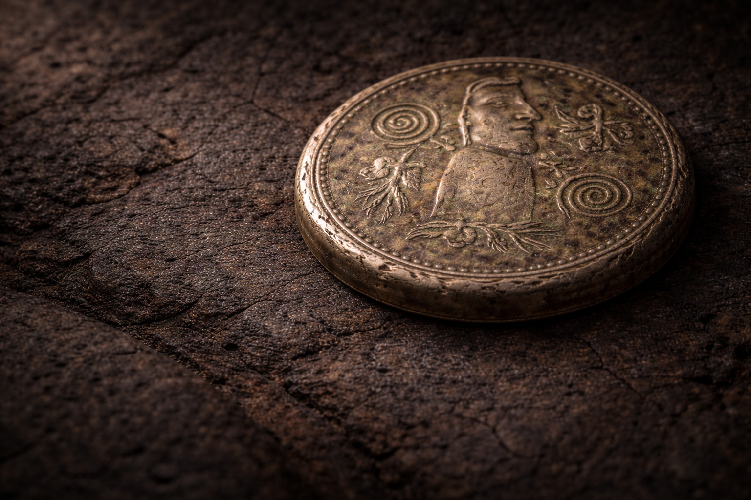 Close view of an ancient coin placed on a volcanic stone surface with worn symbolic engravings.