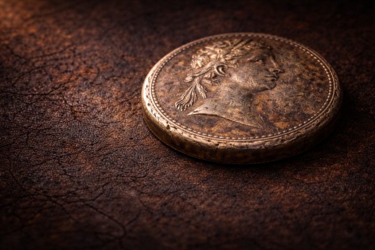 Close view of an ancient coin showing heat-altered patina and softened engraved details.