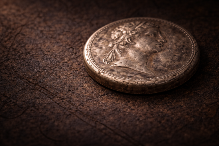 Close view of an ancient coin with reflective metal surface and softened historical engravings.