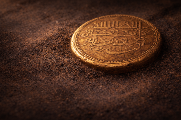 Close view of an ancient gold dinar resting on a sandy surface with aged engravings and desert patina.