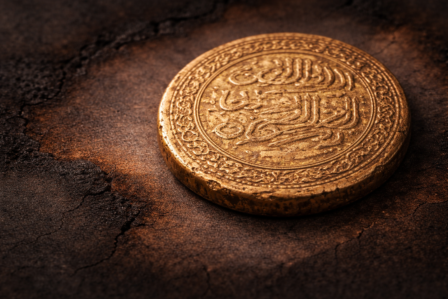 Close view of an ancient gold dinar showing heat-altered surface details and softened engravings.
