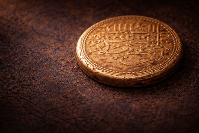 Close view of an ancient gold dinar showing reddish-gold toning and aged surface details.