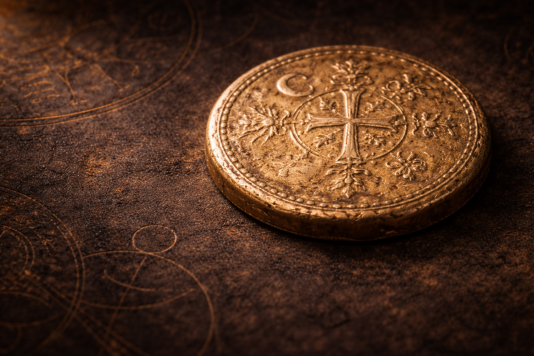 Close view of an ancient gold gros coin showing aged engravings and natural patina.