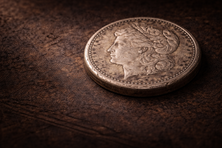 Close view of an old American silver dollar showing worn Liberty details and aged silver patina.