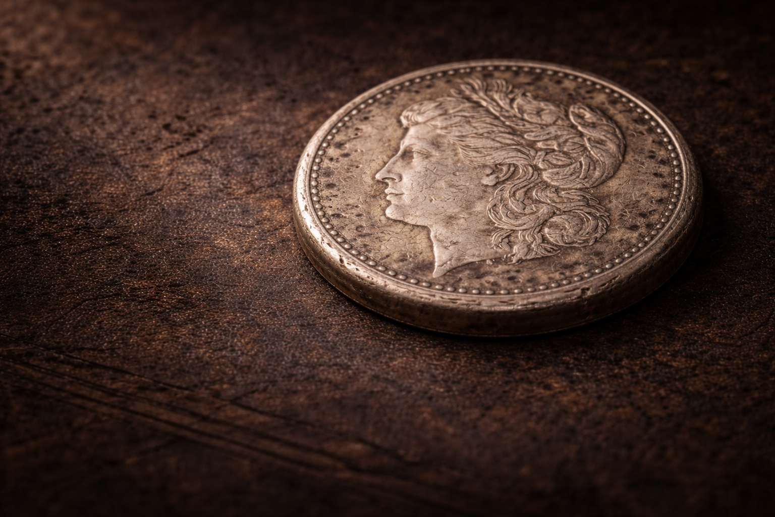 Close view of an old American silver dollar showing worn Liberty details and aged silver patina.