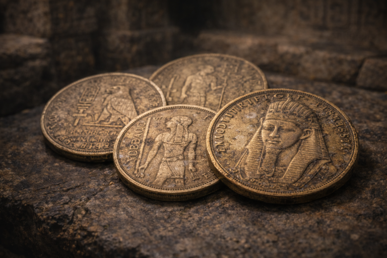 Close view of ancient Egyptian coins showing worn symbolic engravings and aged surface patina.