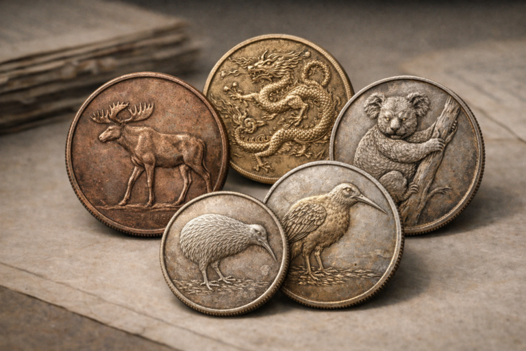 Close view of animal-themed coins from different countries showing detailed engravings and varied metal surfaces.