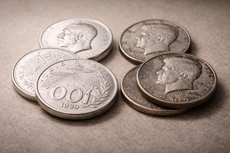 Close view of coins showing visual differences between solid silver surfaces and silver-plated finishes.