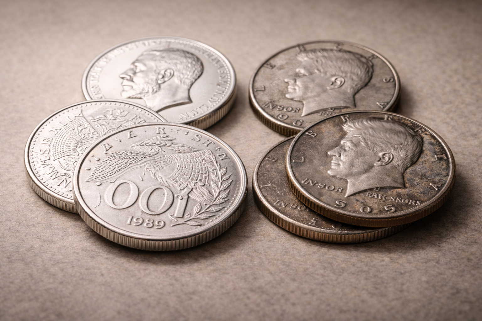 Close view of coins showing visual differences between solid silver surfaces and silver-plated finishes.