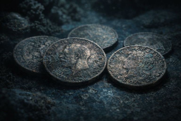 Close view of early twentieth century coins showing surface wear and corrosion associated with long underwater exposure.