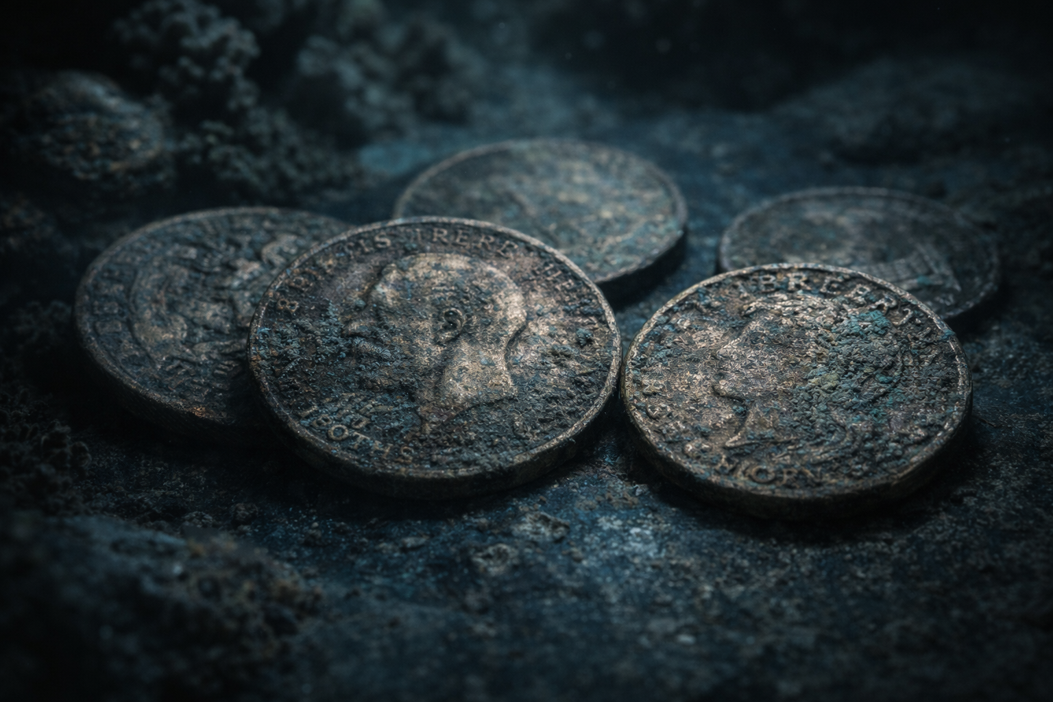 Close view of early twentieth century coins showing surface wear and corrosion associated with long underwater exposure.