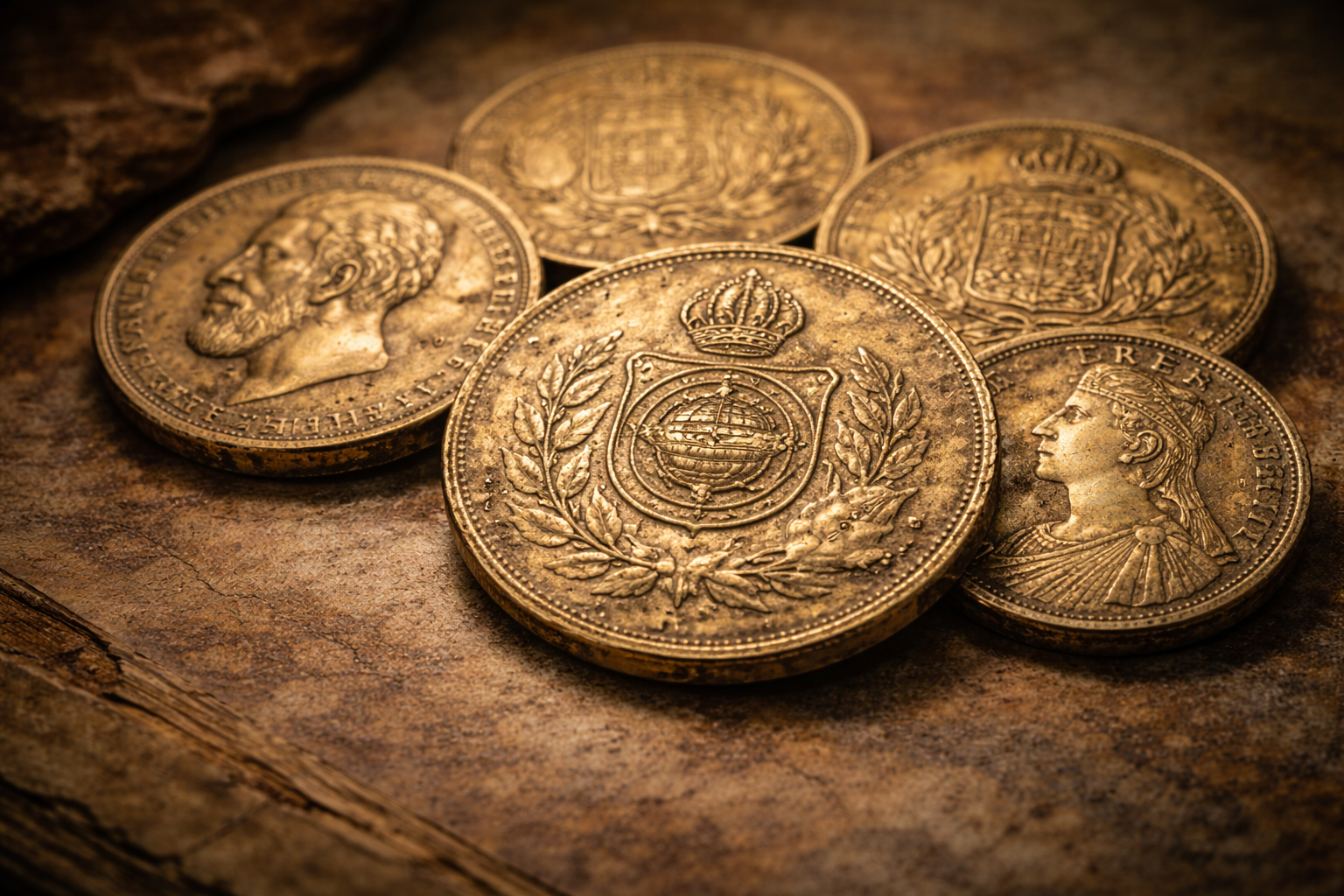 Close view of historic Brazilian gold coins showing imperial and early national design details.