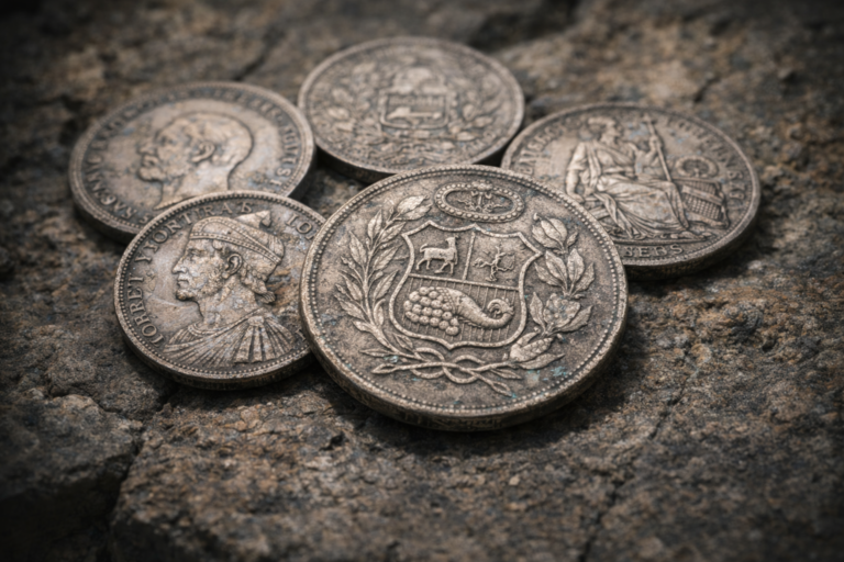 Close view of historic Peruvian silver coins showing colonial engravings and natural silver patina.