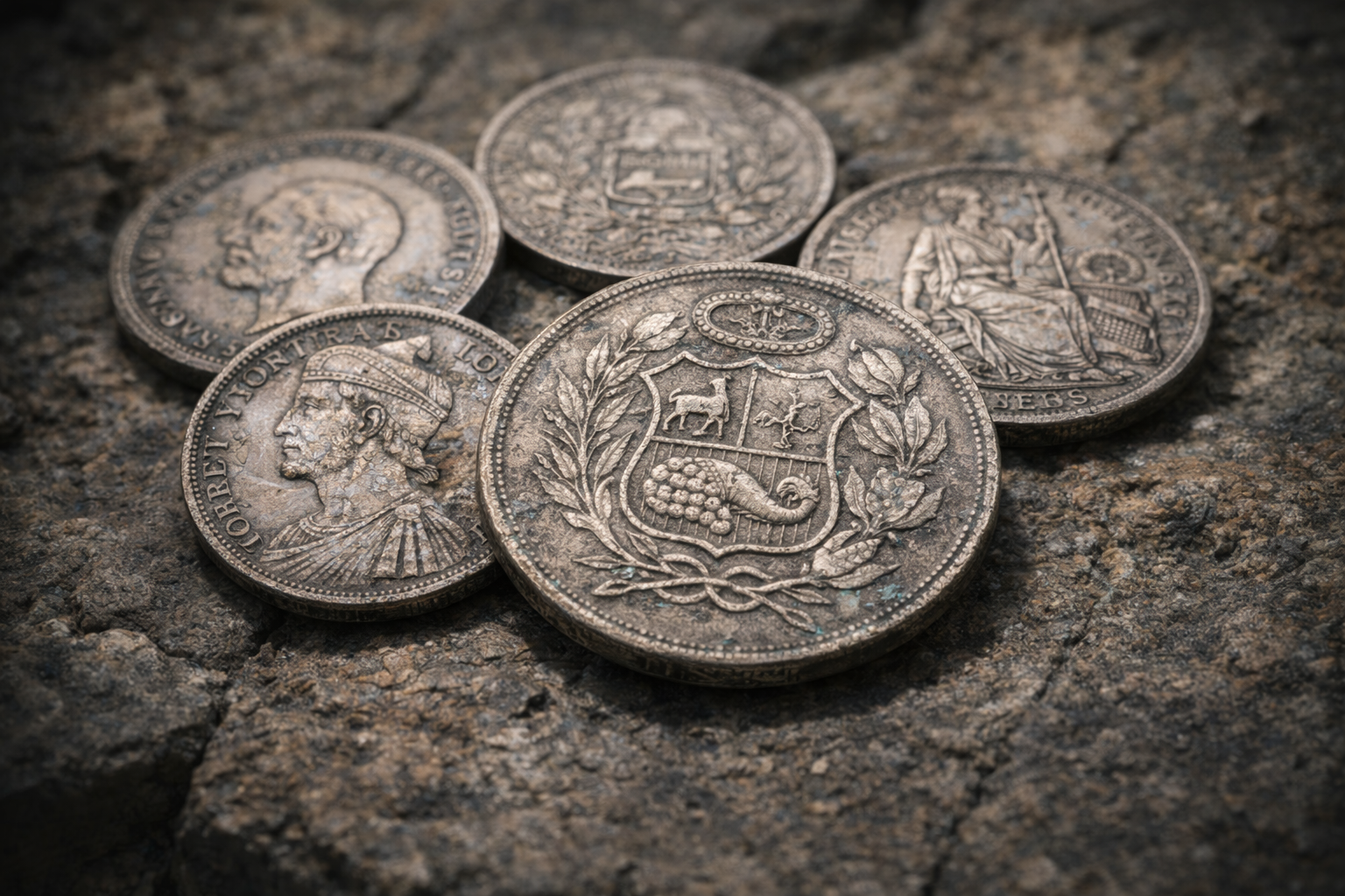 Close view of historic Peruvian silver coins showing colonial engravings and natural silver patina.