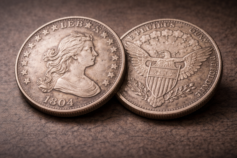 Close view of the 1804 American silver dollar showing the Draped Bust design and aged silver surface.
