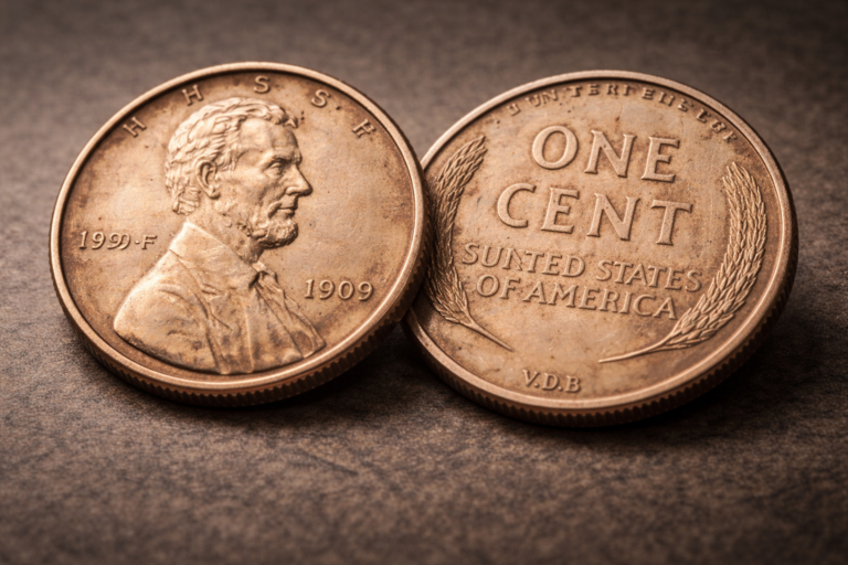 Close view of the 1909-S VDB Lincoln cent showing the Lincoln portrait and VDB initials on the reverse.
