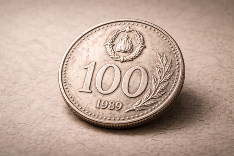 Close view of the 1989 Yugoslavian 100 dinara coin showing late twentieth century design details and aged metal surface.