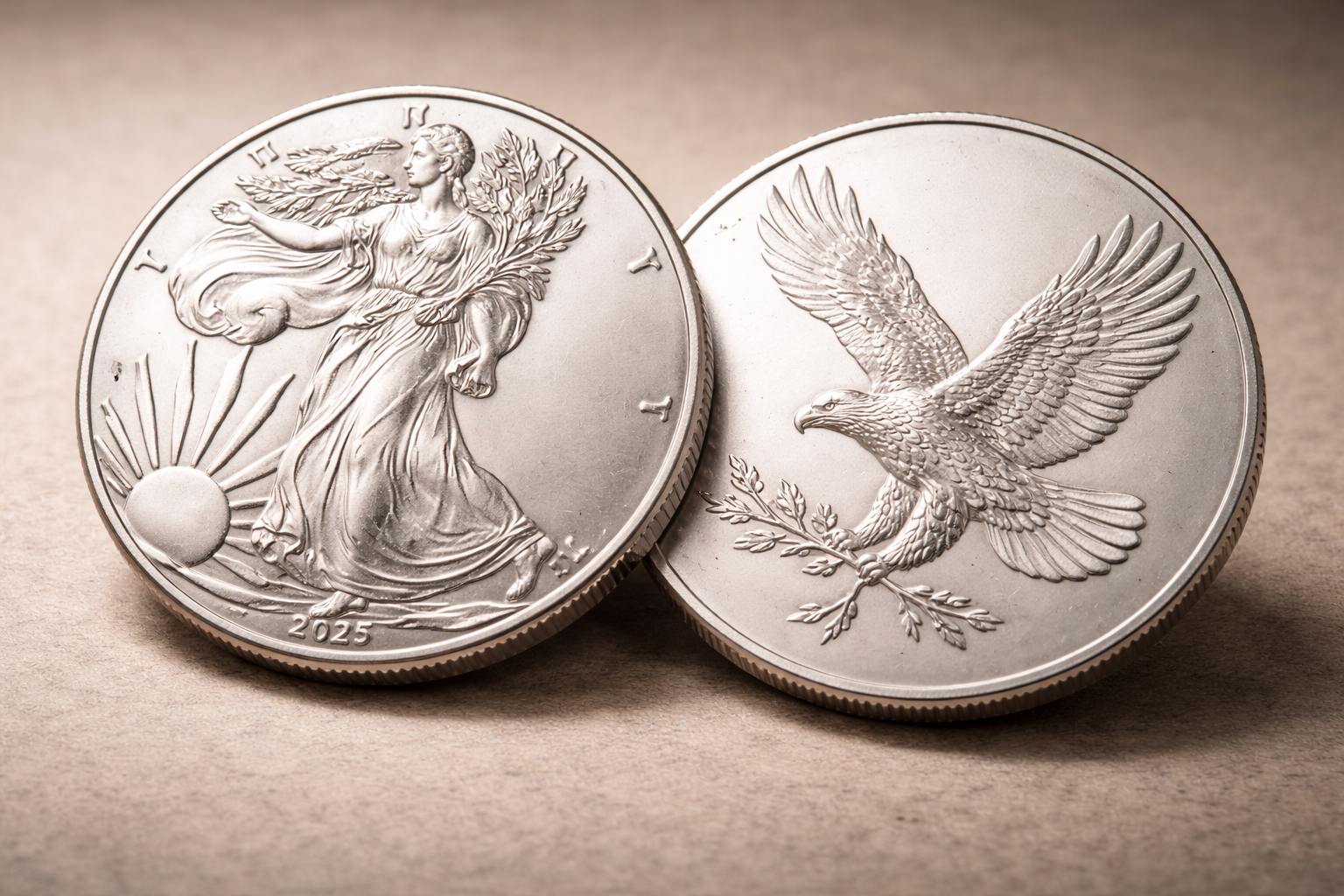 Close view of the 2025 American Eagle Silver 1 oz coin showing Walking Liberty design and detailed silver surface.