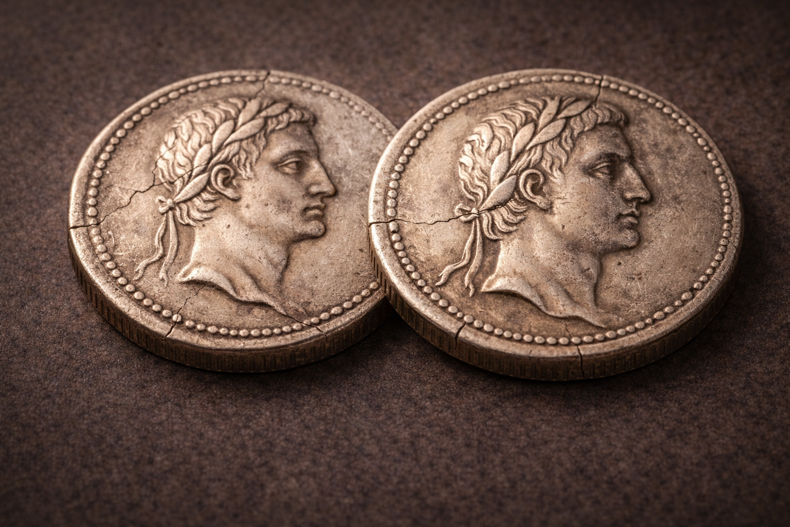 Close view of two ancient Roman denarii with matching engravings and similar surface wear.