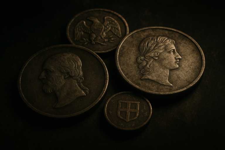 Cinematic 3D illustration of early American coins symbolizing the transition from colonial money to the birth of the United States Mint