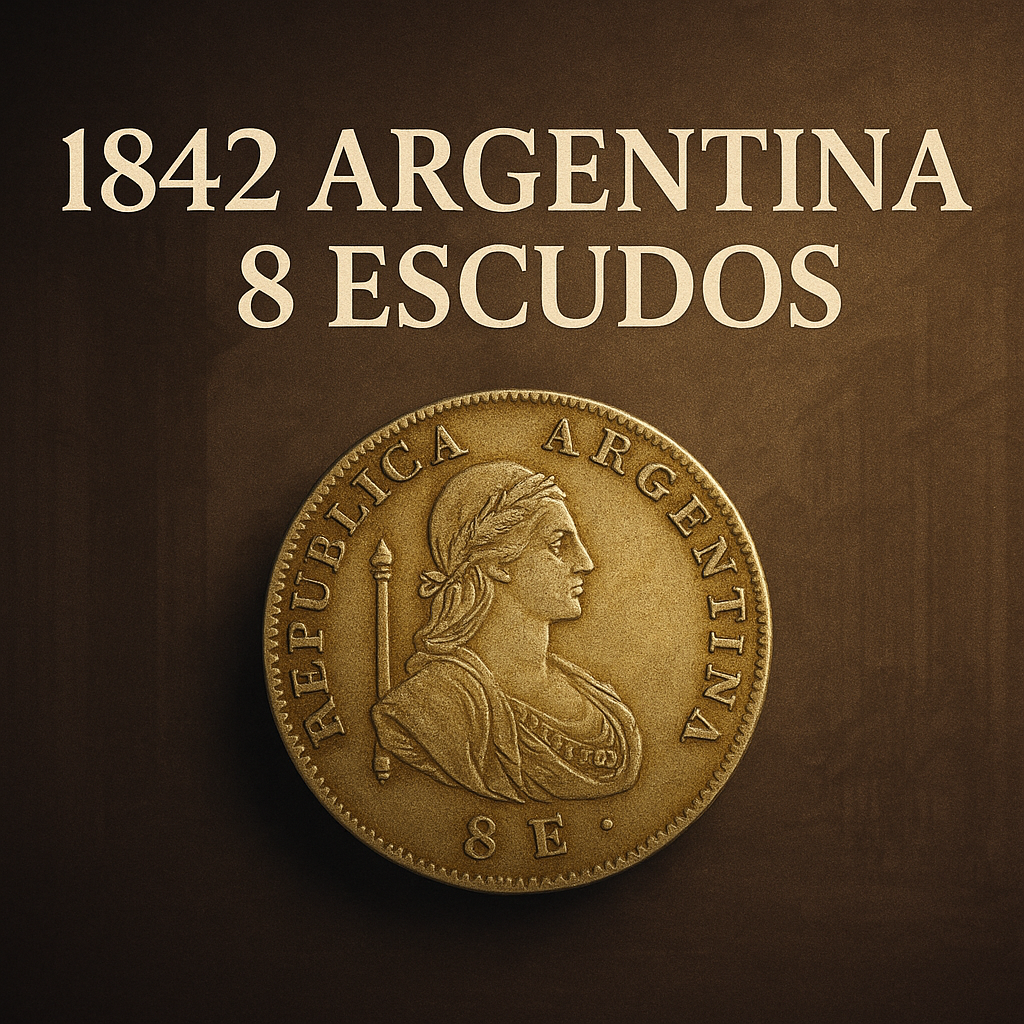 1842 Argentina 8 Escudos — The Sun of the Pampas