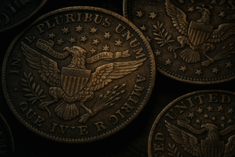 3D macro close-up of intricate American coin engravings