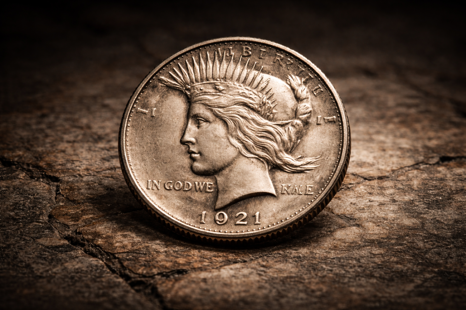 Cinematic illustration of the 1921 Peace Dollar silver coin representing a forgotten American coin rediscovered in numismatic history