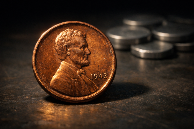Cinematic illustration of the 1943 copper Lincoln cent representing a rare minting error during wartime coin production