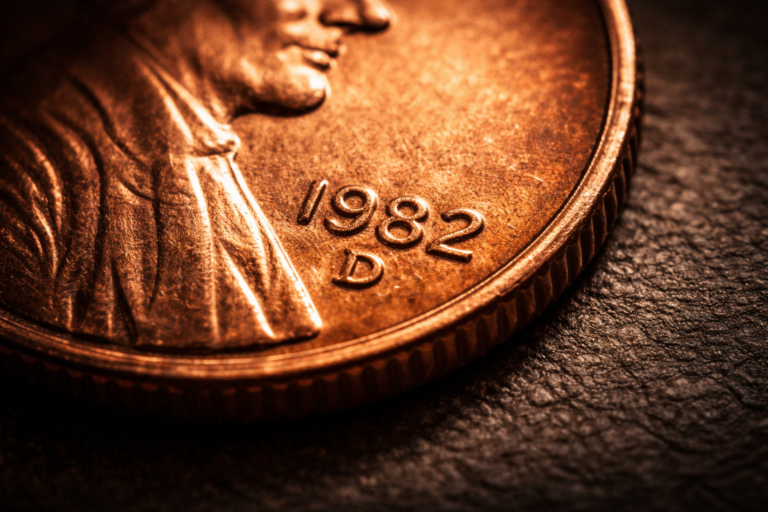 Close-up illustration of a 1982 Lincoln penny highlighting a small design detail that became a major turning point in modern coin history