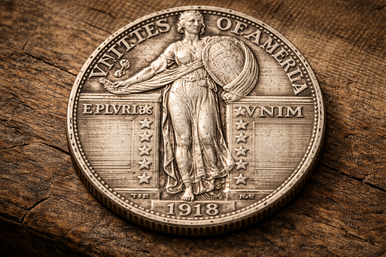 Close-up view of a 1918 United States quarter showing accurate mint details and natural wear from early twentieth-century circulation.
