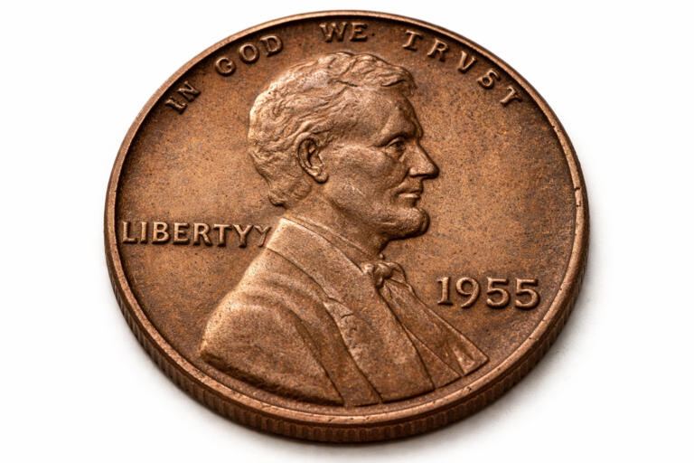 Close-up view of a 1955 Lincoln cent showing clear doubled lettering caused by a double die minting error.