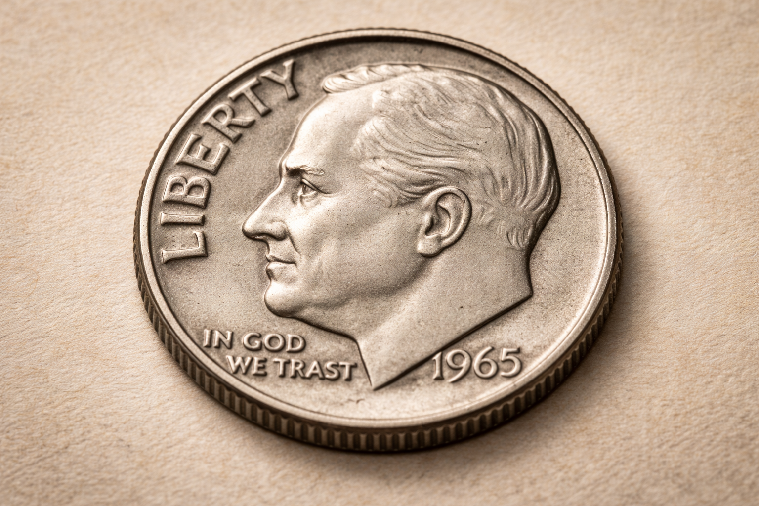 Close-up view of a 1965 United States dime showing accurate mint details and subtle signs of circulation.