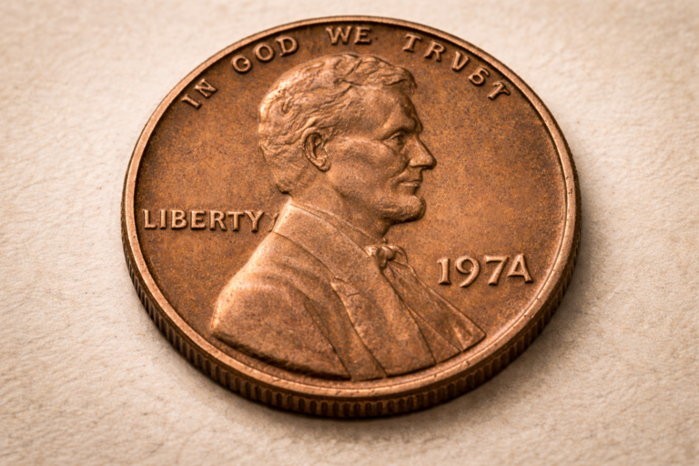 Close-up view of a 1974 United States Lincoln cent showing accurate mint inscriptions and natural circulation wear.