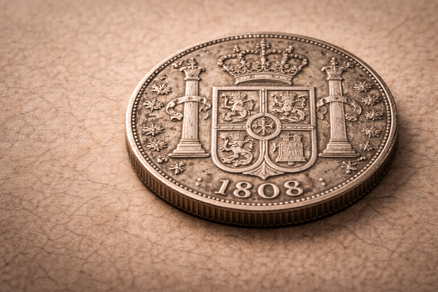 Close view of the 1808 Peru silver 8 reales coin showing colonial engravings and aged silver surface.