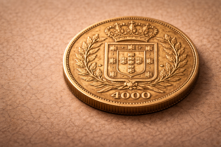Close view of the 1822 Brazil gold 4000 réis coin highlighting imperial design elements and aged gold surface.