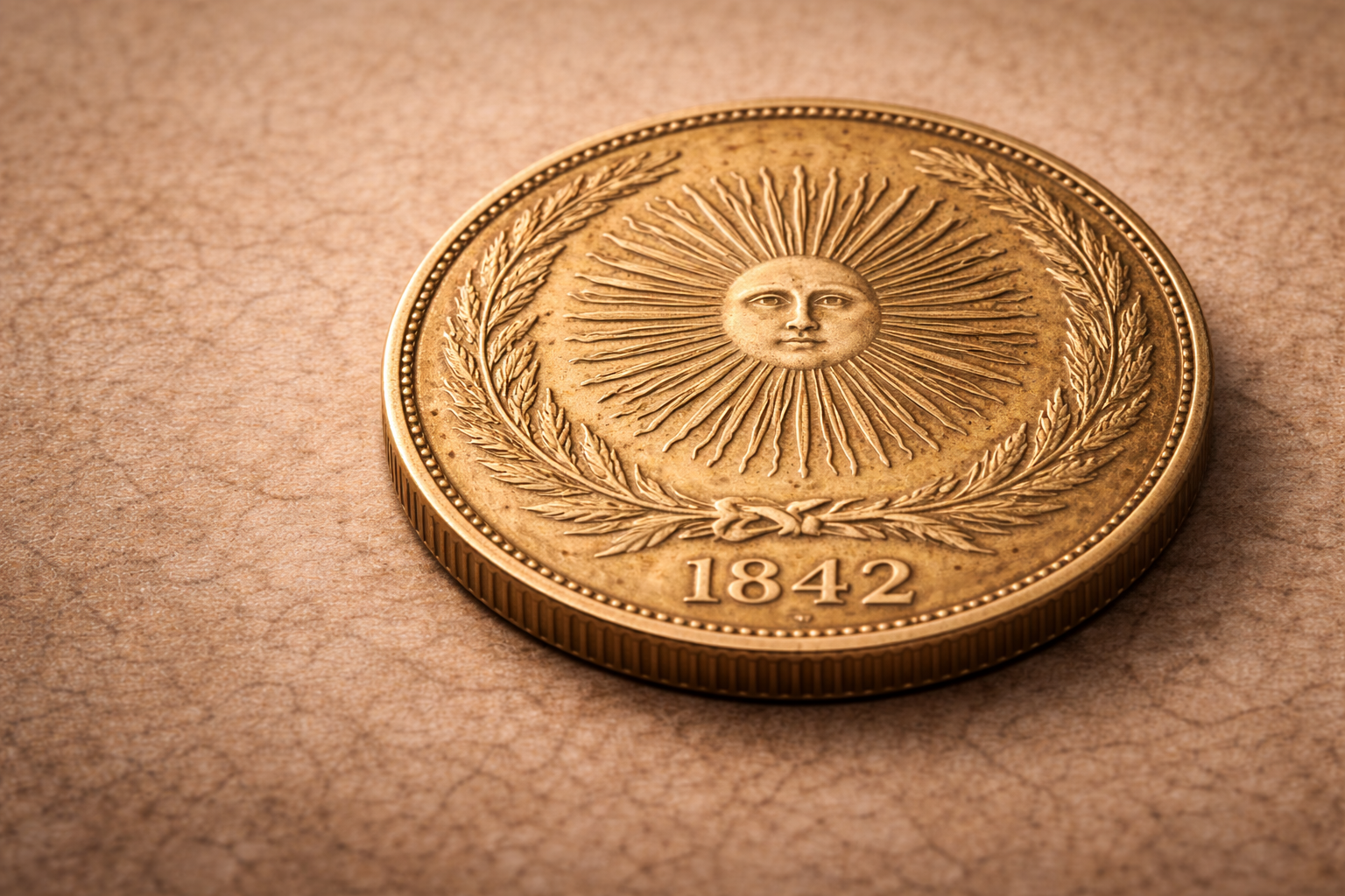 Close view of the 1842 Argentina 8 escudos gold coin highlighting the sun emblem and aged surface details.
