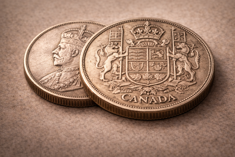 Close view of the 1921 Canadian fifty cents silver coin showing detailed engravings and aged silver surface.