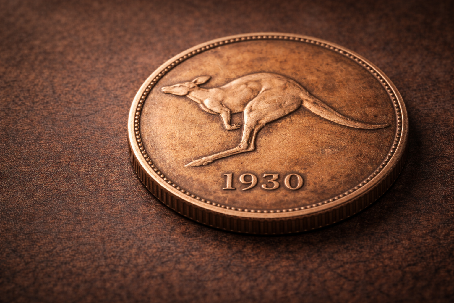 Close view of the 1930 Australian penny showing aged copper surfaces and historical design details.