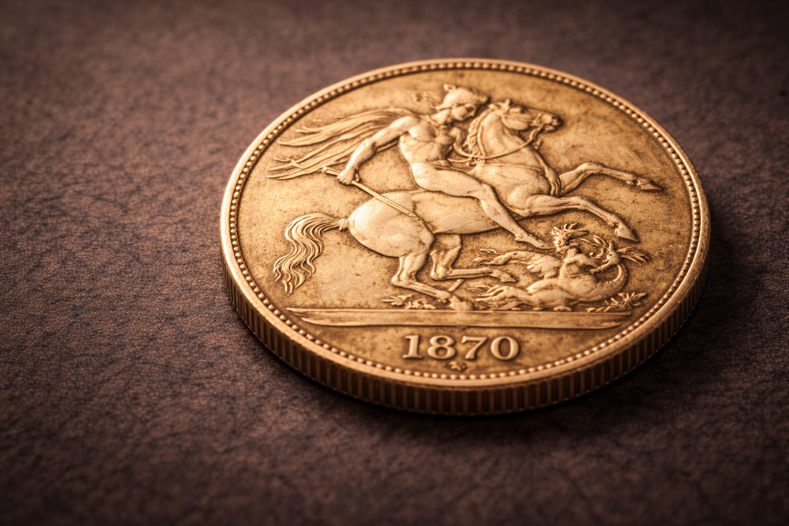Close view of the eighteen seventy Sydney Sovereign gold coin showing imperial design details and surface wear.