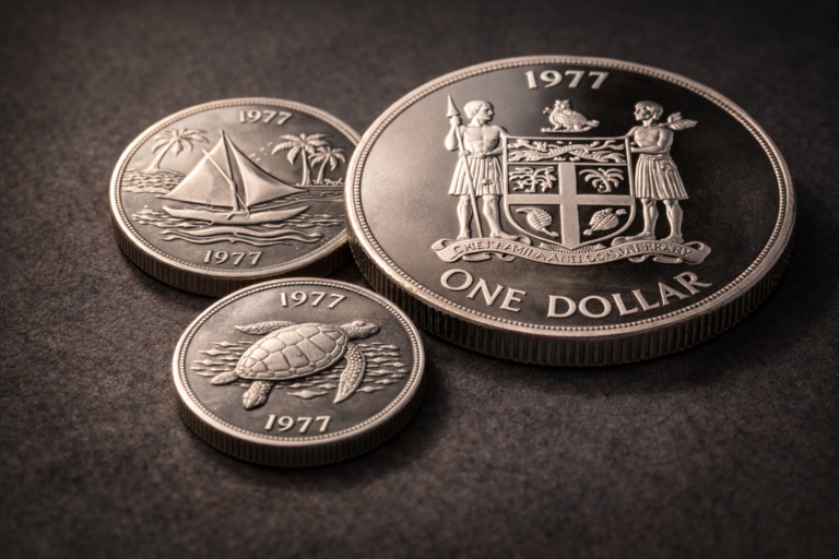Close view of the nineteen seventy seven Fiji silver proof coin set showing refined finishes and island design details.