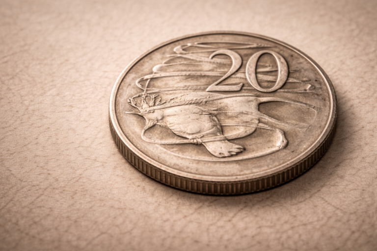 Close view of the nineteen sixty six Australian wavy twenty cent coin showing the distinctive curved baseline design.