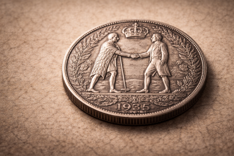 Close view of the nineteen thirty five New Zealand Waitangi Crown coin highlighting its ceremonial design and preserved surface.