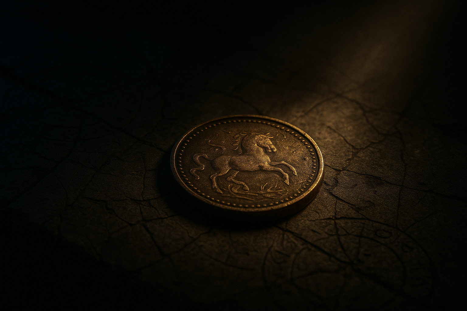 Legendary lost coin on an ancient stone table