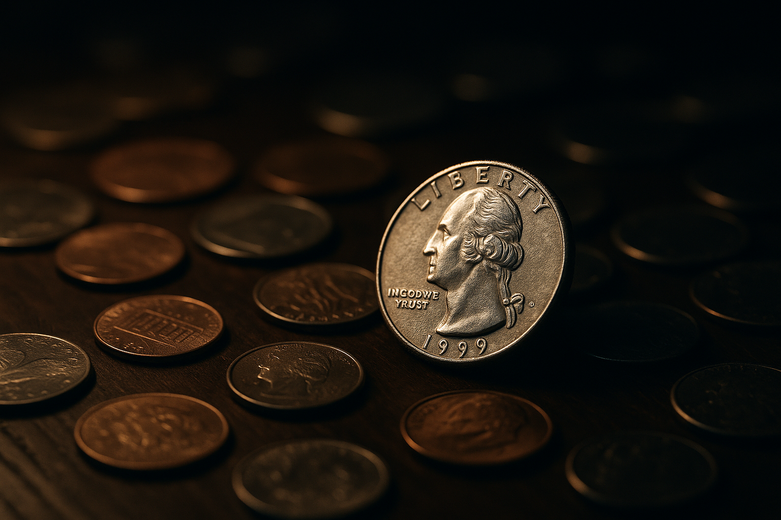Cinematic 3D render of a 1999 American quarter glowing softly among other coins on an antique surface