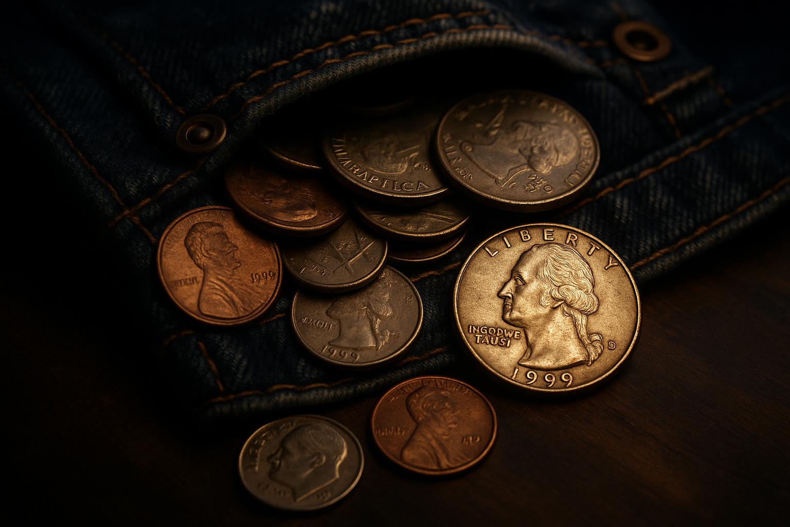 Cinematic macro shot of mixed 1999 coins spilling from a pocket onto a dark wooden table