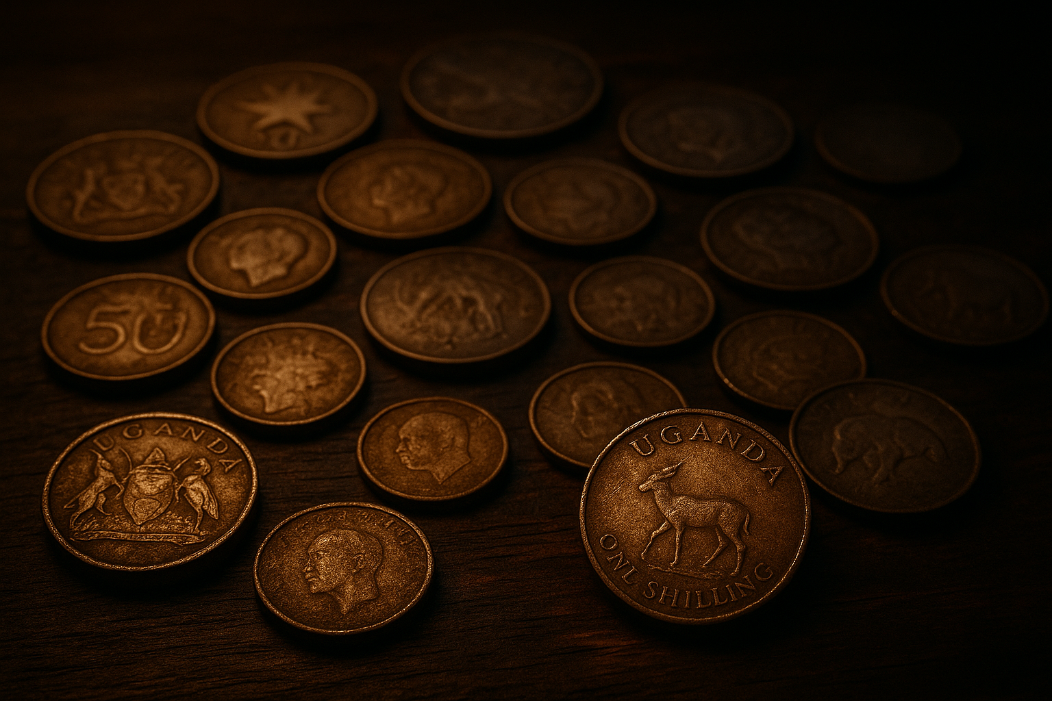 Cinematic 3D macro shot of mixed African coins from various countries on a dark antique wooden table