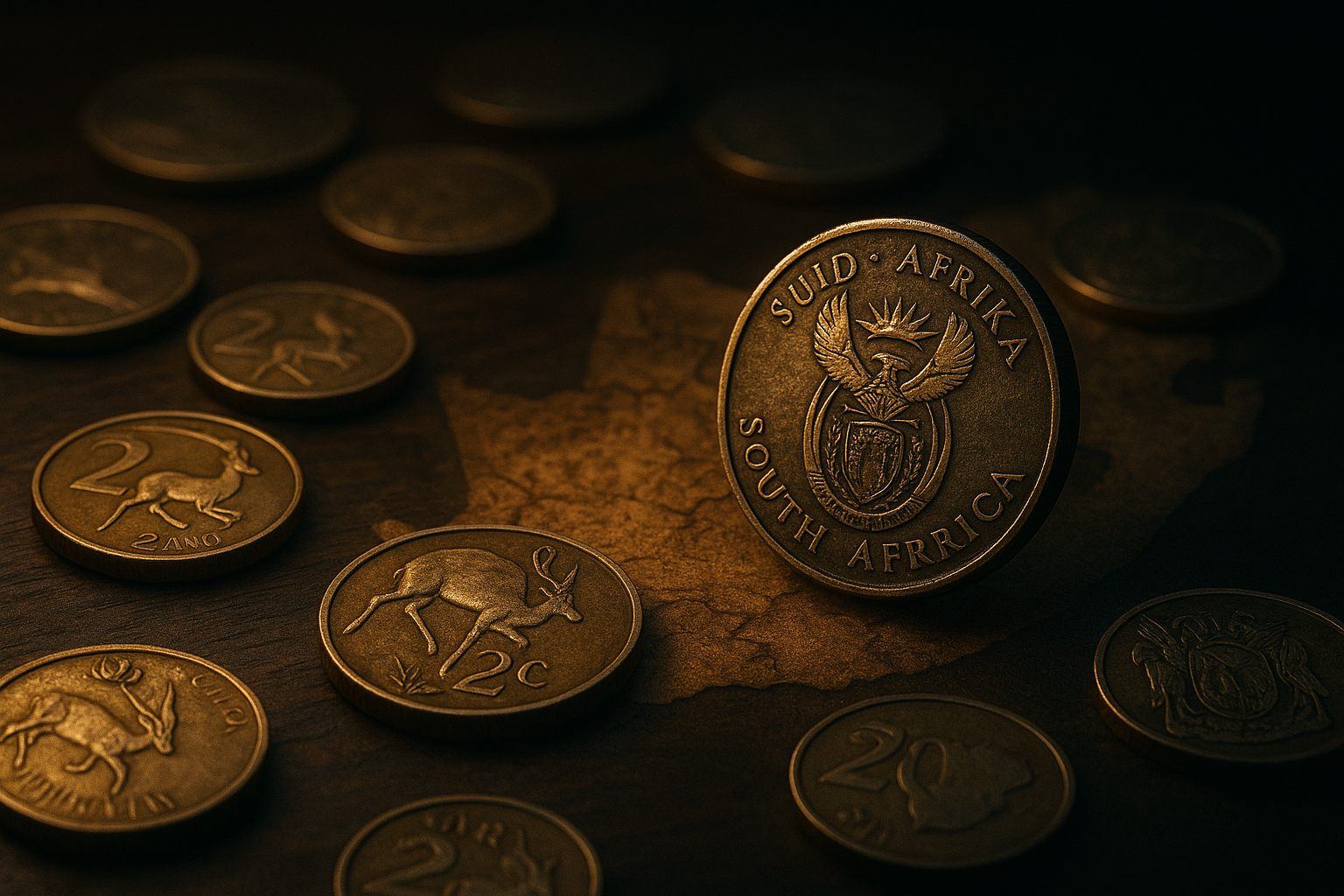 Cinematic 3D macro shot of mixed South African coins scattered on a dark wooden table