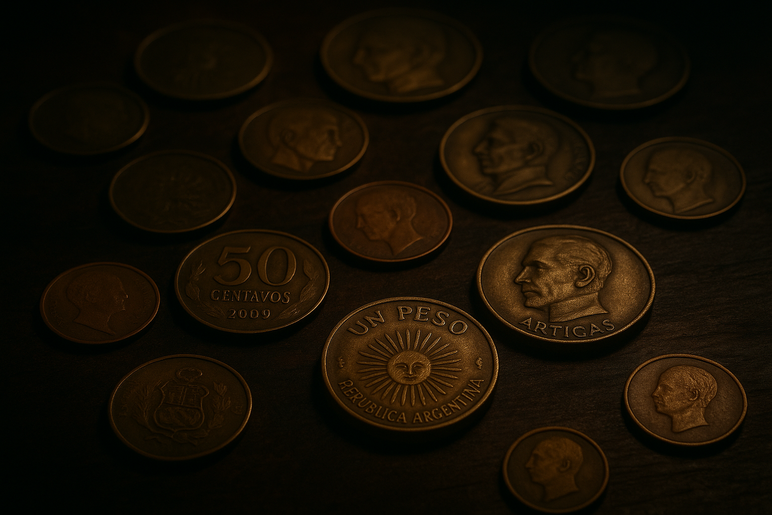 Cinematic 3D macro shot of mixed South American coins from different countries on a dark antique wooden table