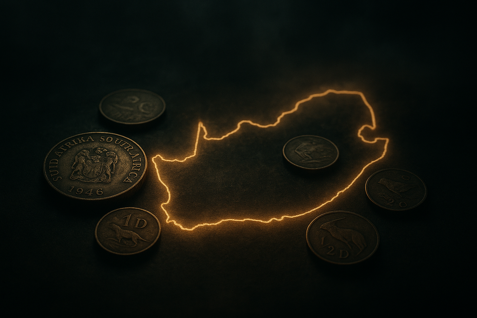 Cinematic 3D scene of a small cluster of South African coins on a dark surface