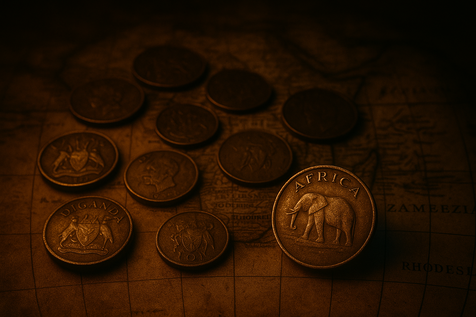 Cinematic render of African coins lying on an antique map of Africa